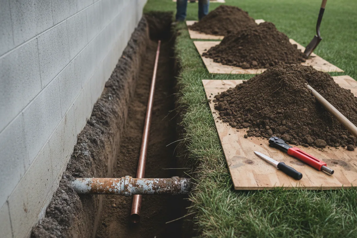Excavated water line trench during Water Softener Installation in Isabella